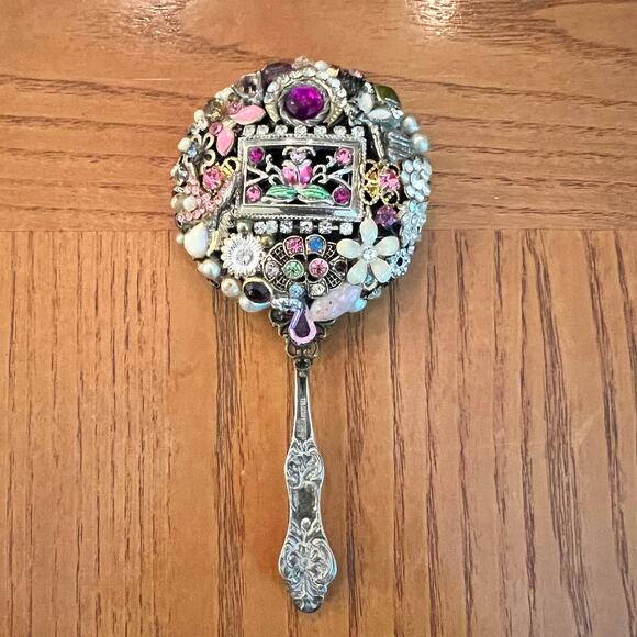 Handcrafted Bejeweled Handheld Mirror Miniature Ladies Mosaic Jewelry Beveled 5" - Picture 11 of 12